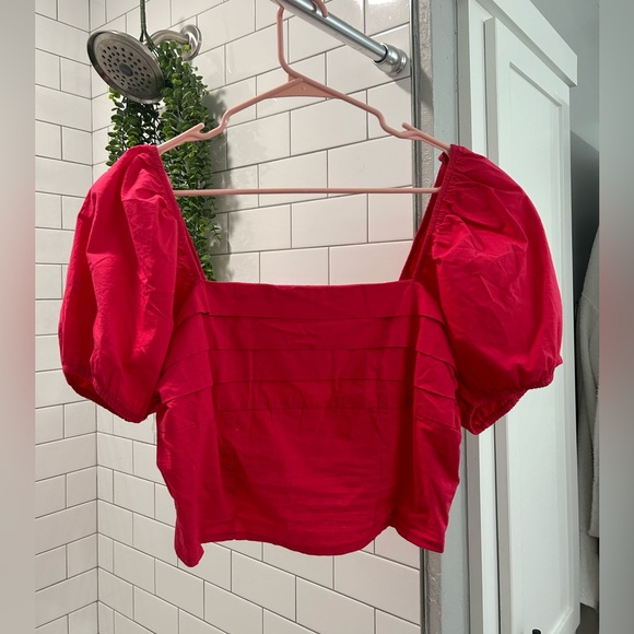 Puff sleeve hot pink square neckline smocked back linen like blouse✨ - Picture 3 of 4